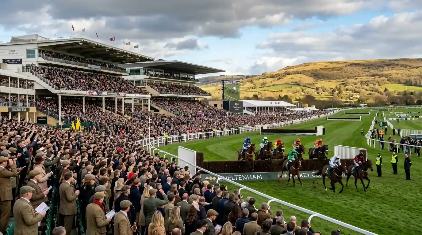 Cheltenham Festival racecourse packed with spectators watching National Hunt jump racing on a spring afternoon