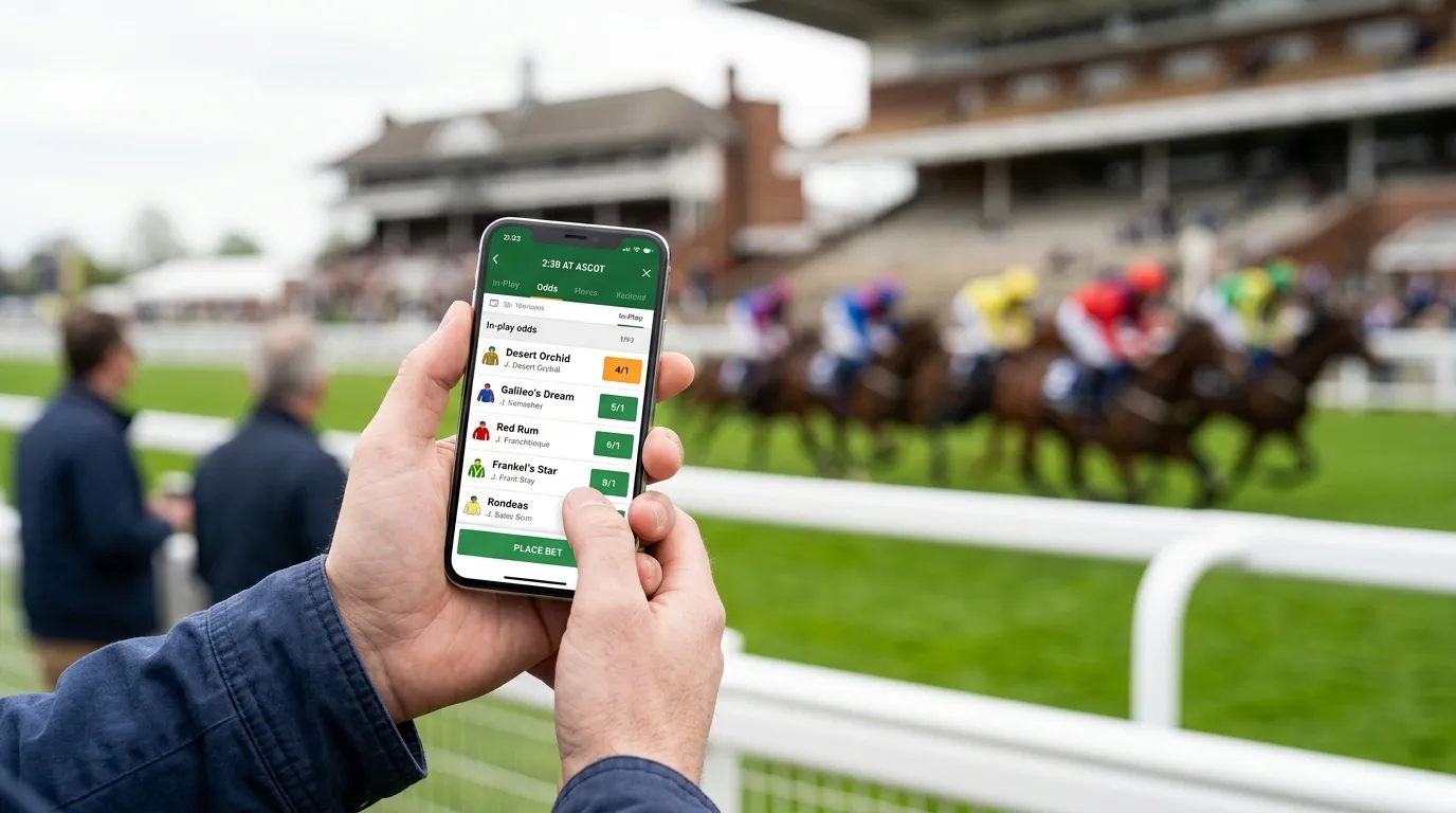 Punter watching a live horse race while checking in-play betting odds on a smartphone at a UK racecourse