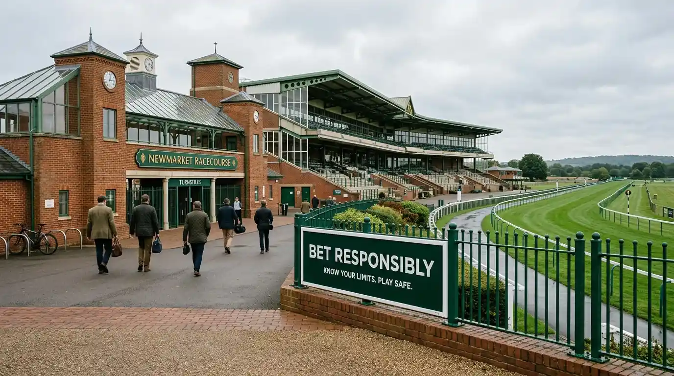 British racecourse grandstand with regulatory signage and responsible gambling messaging visible